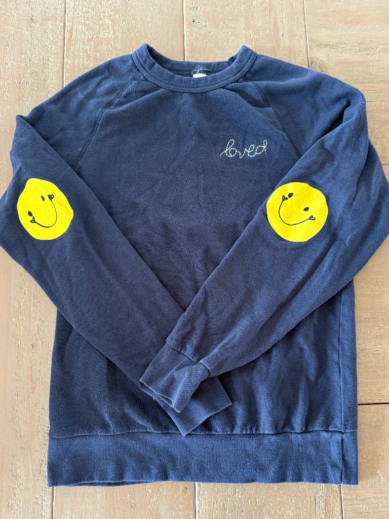 Kerri Rosenthal Navy Blue Soft Cotton Sweatshirt Loved Etching & Smiley Faces Xs